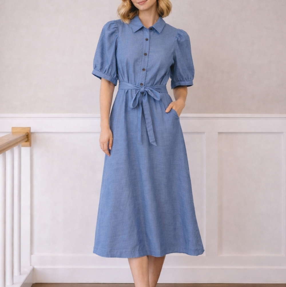 Ann Taylor Chambray Blue Midi Dress with Puff Sleeves